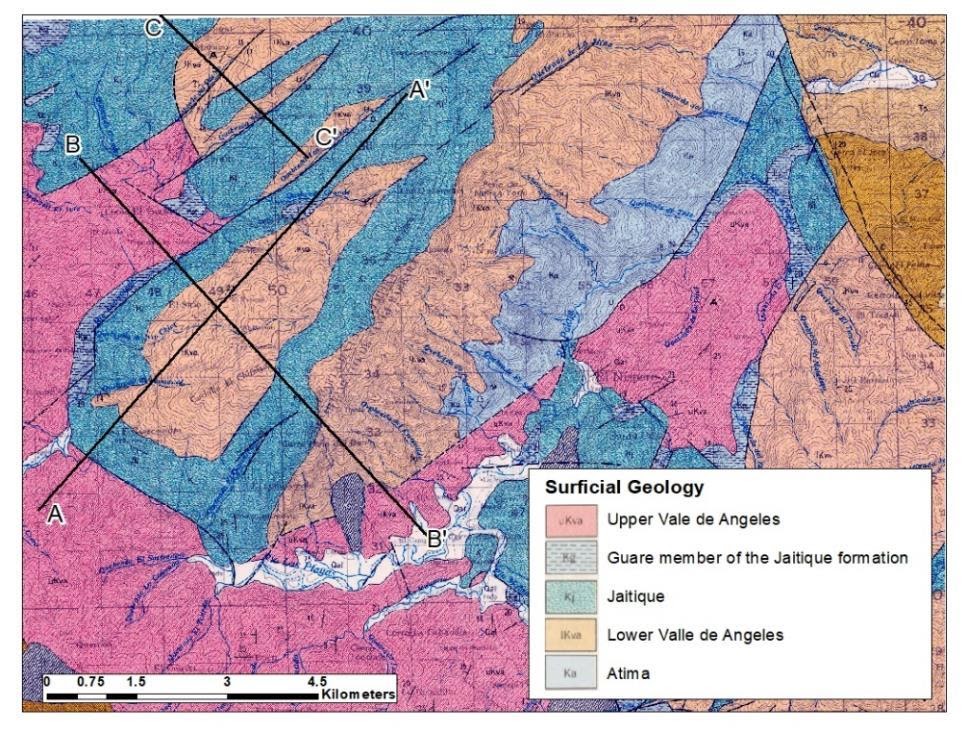 Subset of Kozuch 1989 geologic map with cross section locations.
